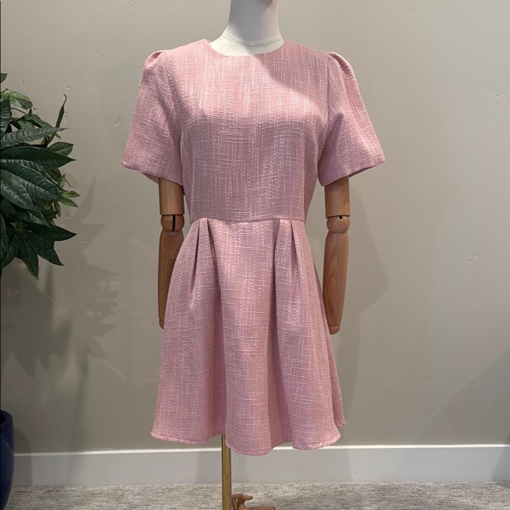 Aqua Pink and White Puff Sleeve A-Line Mini Dress